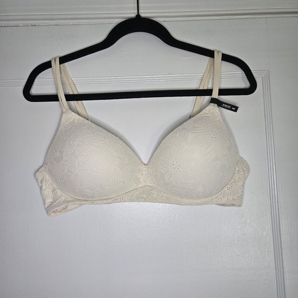 Aerie Real Good Wireless T Shirt Bra 38C Ivory Floral Lightly Lined Adjustable